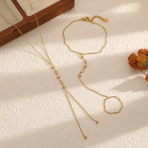Stainless Steel Star Circle Long Y Necklace And Hand Chain With Ring 18K Gold Plated Rhinestone Jewelry For Women