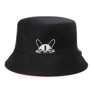 Bob réversible en coton noir avec broderie de chien de dessin animé blanc