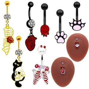 Piercing Nombril Gothique Main Crâne Cœur Patte Chat Pendentif Bijoux Piercing Alliage Zinc Zircon Émail Femmes