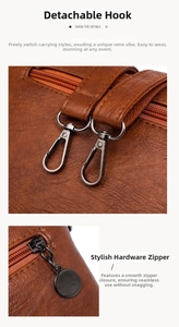 Close-up of brown vintage leather texture with metal detachable hook and smooth zipper