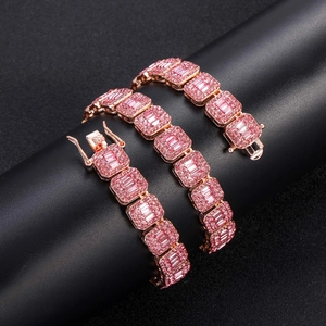 Iced out 13mm rose gold hip hop chain with pink square crystals for men and women
