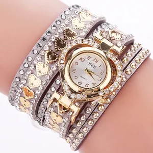 CCQ quartz watch with heart dial and multi-layer grey wrap bracelet with rhinestones