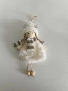Detail of Christmas angel pendant with knitted hat, plush skirt, and wood bead head