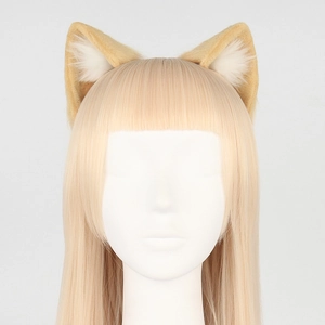 Handmade brown and white furry animal cat ears headband on a golden blonde wig