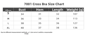 Detailed size guide for yoga sports bra showing chest, hem, and length measurements