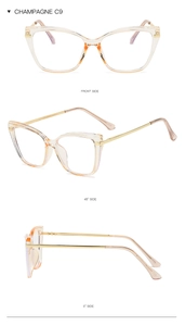 Three-angle views of champagne gradient cat-eye glasses with gold metal temples