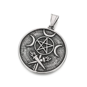 Silver occult pendant with pentagram, crescent moon, and torch in vintage steel