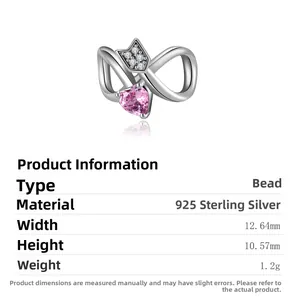 Detailed specs of S925 sterling silver infinity heart charm with pink zircon stone