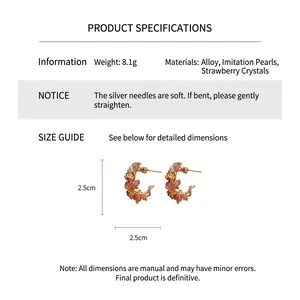 Detailed spec sheet showing 8.1g strawberry crystal and pearl earrings with dimensions