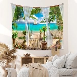 Détail de la tapisserie de plage tropicale bohème suspendue dans une chambre confortable