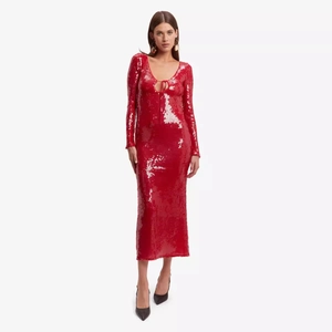 Elegant red long sleeve sequin dress with deep V-neck and abstract silver patterns