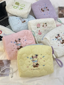 Quilted Heart Embroidered Makeup Bag Cartoon Dog Fruit Portable Travel Toiletry Zipper Storage Pouch For Women