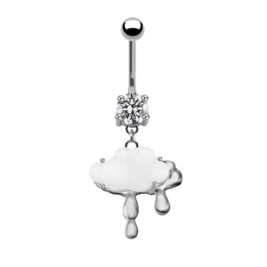 Close-up of silver navel ring featuring a white cloud pendant and silver raindrops