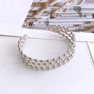 Modern triple-layered silver bead open cuff bracelet with a polished finish for women
