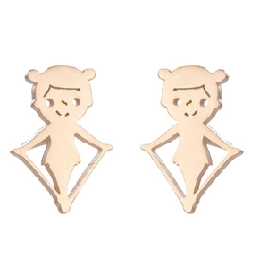 Detailed macro shot of creative rose gold ice skater girl earrings in stainless steel
