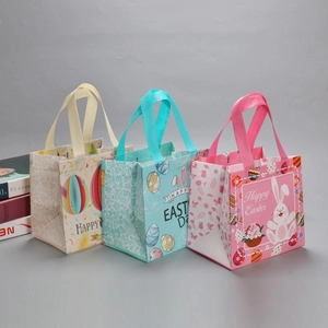 Eco-friendly Easter gift bags with bunny and egg prints in pink, blue and beige colors