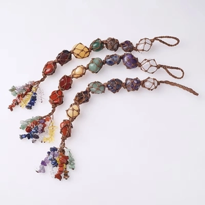 Handmade Tree of Life car hanging ornament with 7 natural chakra stones and woven tassels