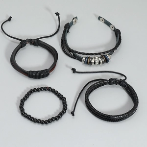 Set of 4 minimalist black woven leather bracelets with beads and metal accents for men and women