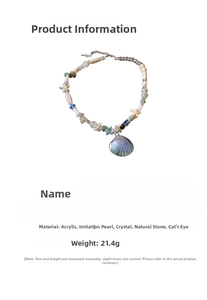 Detail of bohemian necklace showing 44.6cm length and colorful shell starfish beads