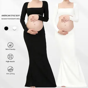 Maternity Photography Dress Long Sleeve Square Neck Backless Mermaid Tail Floor Length Gown For Pregnant Women