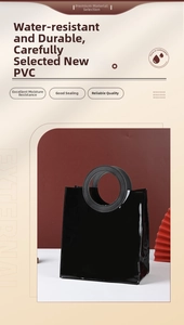 Detail of black glossy PVC tote bag featuring a round handle and waterproof mirror finish