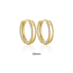 Detail of 10mm S925 sterling silver gold huggie earrings with double rows of pavé crystals