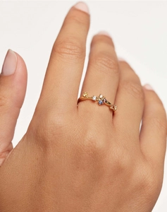 Macro detail of gold vintage s925 silver ring featuring colorful gemstones on a finger
