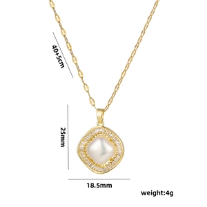 18k gold plated square necklace with faux mabe pearl and zircon pendant measurements