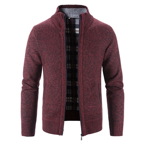 Slim fit men's dark red knit cardigan with fleece lining and ribbed stand collar