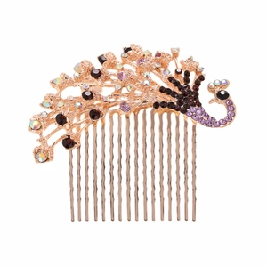 Peacock crystal hair comb with purple rhinestones and pearls on rose gold metal