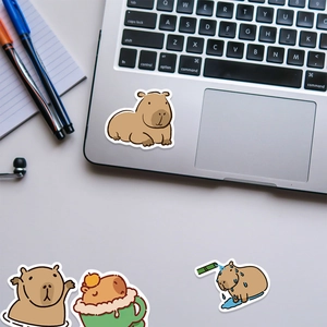50 cute capybara graffiti stickers decorated on a silver laptop and office desk surface