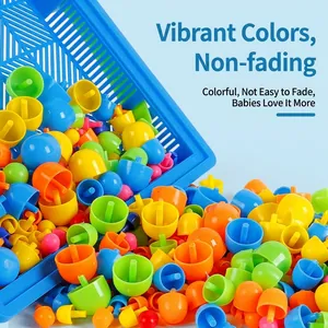 DIY puzzle game for kids with 592 colorful mushroom nails and blue storage basket