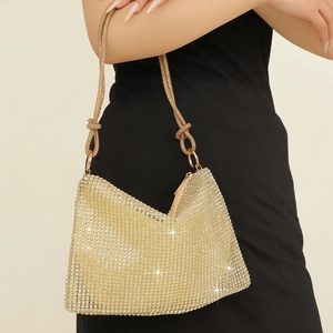 Sparkling gold rhinestone crescent evening bag with knotted handle for women party