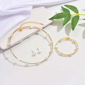 French bridal pearl and zircon jewelry set with necklace, bracelet and earrings