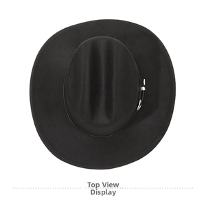 Top-down view of black wide brim cowboy hat with cattleman crown and leather band buckle