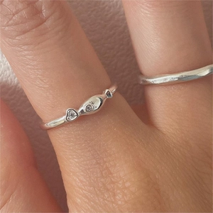 925 Sterling Silver Fish Heart Ring Adjustable Open Band Minimalist Zircon Inlaid Fashion Jewelry For Women