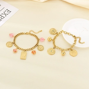 Vintage Stainless Steel Charm Bracelet For Women With Heart Evil Eye And Portrait Coin Pendants Gold Plated Jewelry