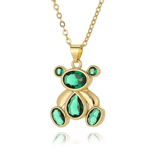 Elegant gold plated teddy bear pendant necklace with sparkling green zircon stones