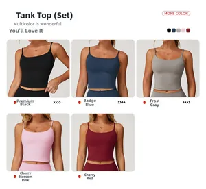 Vue détaillée des hauts de yoga taille haute en noir, bleu, gris, rose et rouge au choix
