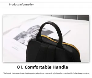 Detail view of black nylon backpack with a leather handle and premium gold zipper