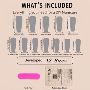 Guide des tailles pour faux ongles longs gris avec accessoires et lime à ongles