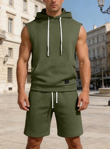 Detail of olive green men's hooded tank top set featuring premium 3D textured knit fabric