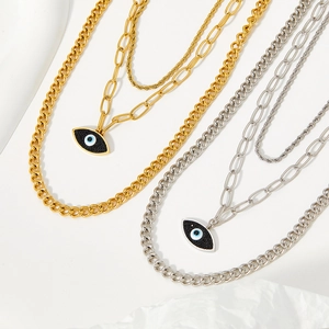 Evil Eye Multilayer Necklace Stainless Steel 14K Gold Plated Cuban Paperclip Rope Chain Bohemian Jewelry Women
