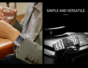Detail of square business quartz watch with black dial and silver stainless steel strap