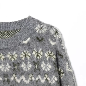 Gray crew neck knit sweater featuring vintage jacquard floral patterns and wave textures