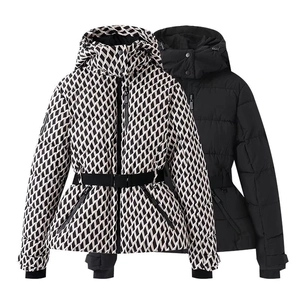 Detail of hooded ski jacket with belt in solid black and diamond lattice pattern