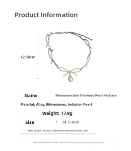 Detail of bowknot pearl necklace with 34.5cm length and 17.9g weight specifications