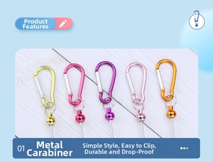 Colorful D-ring metal carabiners set with pin connectors shown on a wooden background