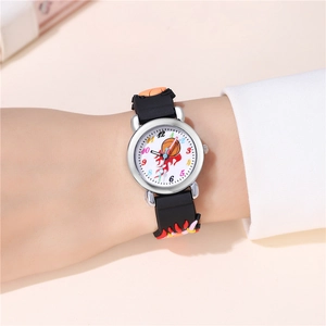 Detail of kids sports watch featuring basketball flame dial and black silicone strap