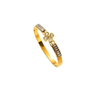 Golden clover bracelet featuring rectangular zircons and white shell inlay on white background